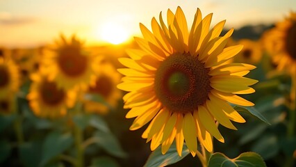 Obraz premium Many sunflowers in a field, a bright one in the foreground, golden sunset light.