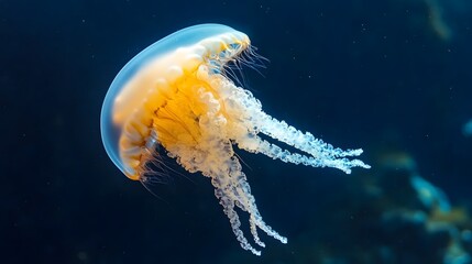 Jellyfish swimming in ocean blue background