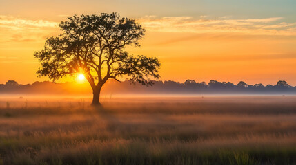 The sun beautifully sets behind a tall tree, visible in a vast field