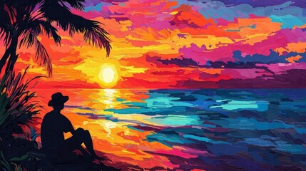 Obraz premium Traveler Enjoying Sunset at the Beach Silhouette of a person watching a vibrant sunset over the ocean