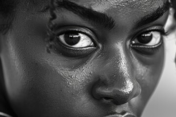 Naklejka premium Close up black and white photo of african american woman staring