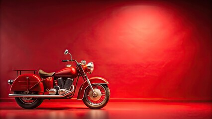 Fototapeta premium A bright fire engine red background with a vintage style motorcycle parked in the center, old motorcycle, red background, vintage vibe, retro car, vintage motorcycle