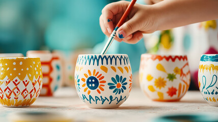 child painting colorful designs on clay pot