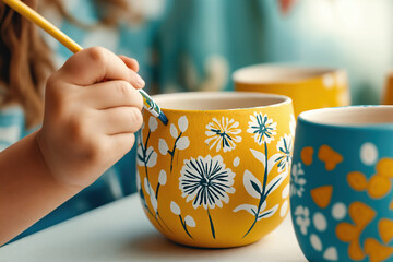 child painting floral design on yellow clay pot