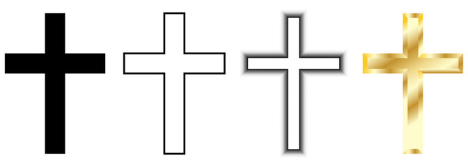 Christian Cross in four designs, religious element isolated on a transparent background