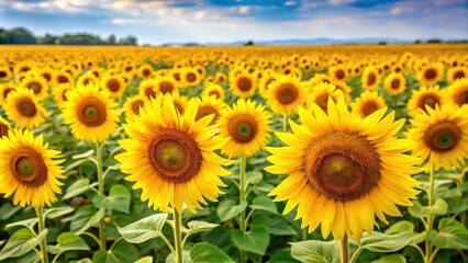 Obraz premium A bright yellow sunflower field stretching as far as the eye can see, warm light, countryside, yellow fields, sunny day, sunflowers