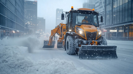 Winter snow removal by special equipment after a snowfall. Clearing snow in the city from the roads. Municipal services in winter time. Emergency snow removal team in action and shovel help.