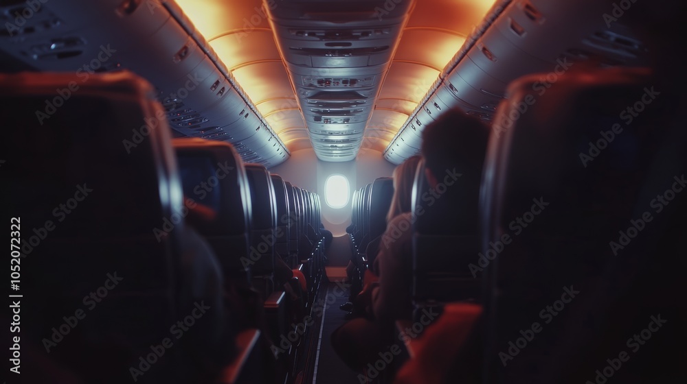 Poster passengers comfortably seated in airplane cabin with warm light, soaring through sky. breathtaking v