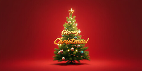 Merry Christmas Tree, Holiday Celebration Graphic, Christmas Card, Red Background