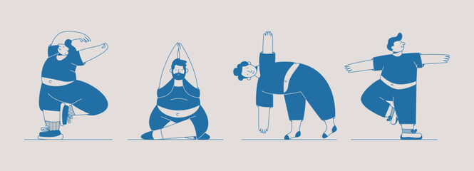 Fototapeta premium Plump man doing yoga. Cartoon overweight male character practicing yoga and meditation, body positive concept. Vector plus size person isolated set