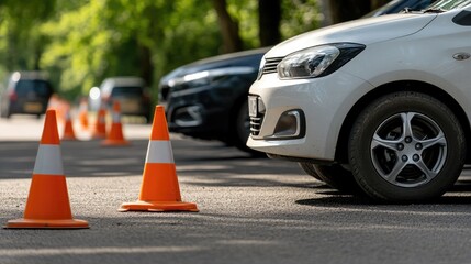 A row of parked vehicles on a wet street, flanked by orange traffic cones and barricades to direct traffic and enhance safety