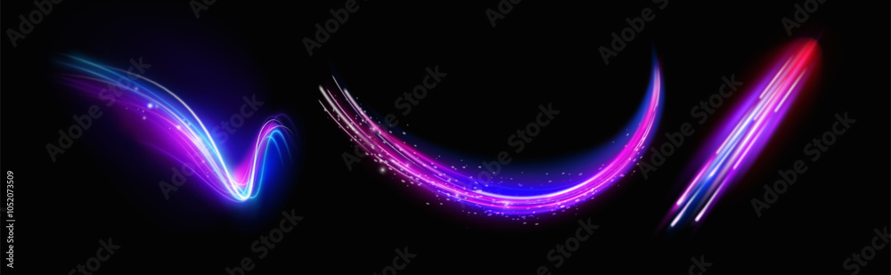 Poster high speed effect motion blur night lights. vector isolated set of realistic neon brightness with pa