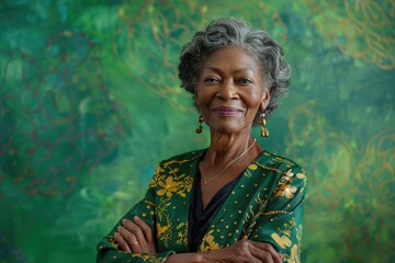 Old black woman portrait  lady in elegant clothes smiling on green background. Copy space