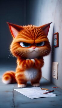 A detailed animation of a furry cat standing beside a wall, arms crossed and a longing expression on its face. The dark background adds a dramatic touch.