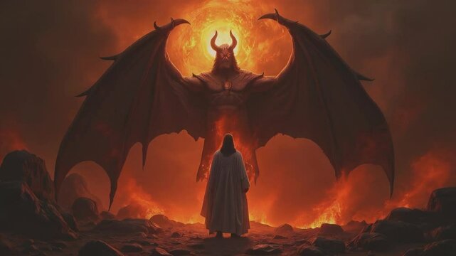 A powerful visual of good versus evil. Jesus in white robes faces a menacing devil with horns and red skin, both reaching out as the sky burns with fiery clouds in the background
