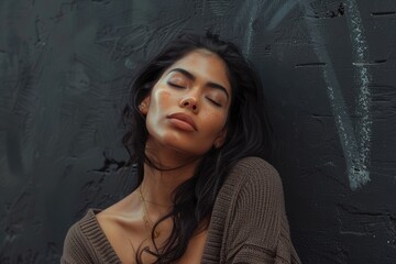 Fototapeta premium Pensive ethnic female in casual clothes with closed eyes and makeup standing near black wall
