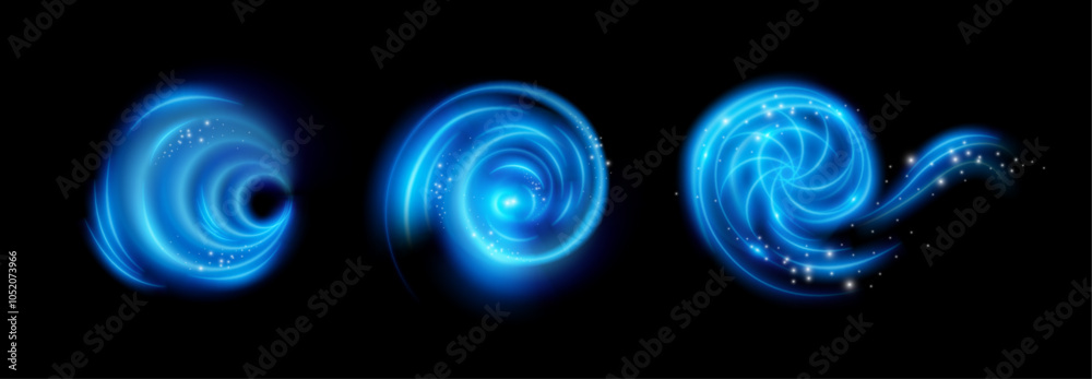 Poster Light circles with light neon effect and small shining particles or magic sand in motion. Vector glowing ring traces. Luminous spirals with bright dust. Swirls for websites or games design