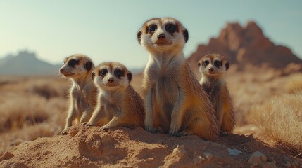 Fototapeta premium A group of meerkats looking attentively from a burrow in the desert