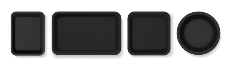 Packaging for food or snacks. Vector isolated set of realistic plastic trays wrappers for products in shops and supermarkets. Top view of boxes for storage made of light styrofoam material