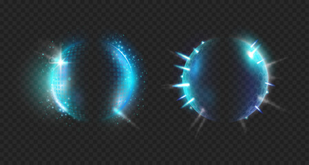 Protect shield set. Vector glowing circle sphere fields, force bubble 3d protection domes, technology energy transparent neon barriers, futuristic globe effect. Security measures, defense strategies