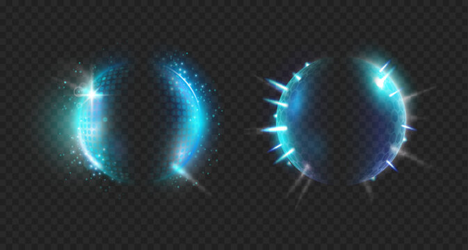 Protect shield set. Vector glowing circle sphere fields, force bubble 3d protection domes, technology energy transparent neon barriers, futuristic globe effect. Security measures, defense strategies