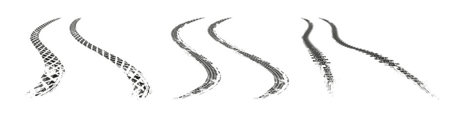 Car or motorcycle realistic curvy tire tracks. Vector isolated automobile traces on road or highway. Skidding or stopping transport, drifting race trail. Grungy monochrome messy shape set © Sensvector