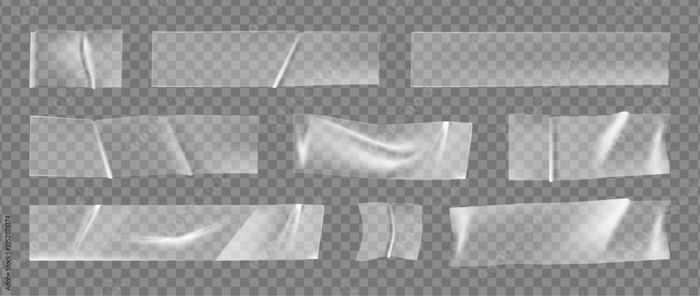 Poster cellophane or plastic transparent duct tapes. vector isolated realistic set of stripes with badly gl