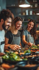 Fototapeta premium BIPOC family laughing while organizing their new kitchen Stock Photo with side copy space