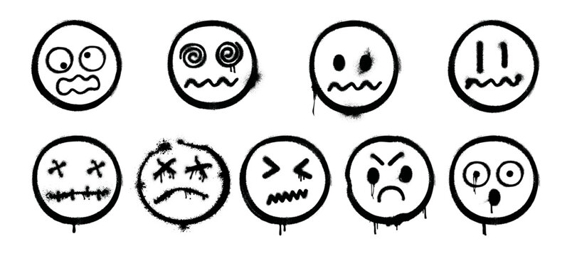 Sprayed faces, isolated set of doodle emoticons with emotions and expressions. Vector characters with irritated and annoyed, surprised and squeamish personages. Grungy emoji emoticons creatures
