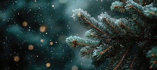 Close-up of snow falling on pine tree branches against a dark sky with a starry background, suitable for a banner design