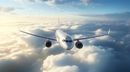 Fototapeta premium Sleek passenger jet soars through fluffy clouds with the morning sun in the background, capturing travel and adventure