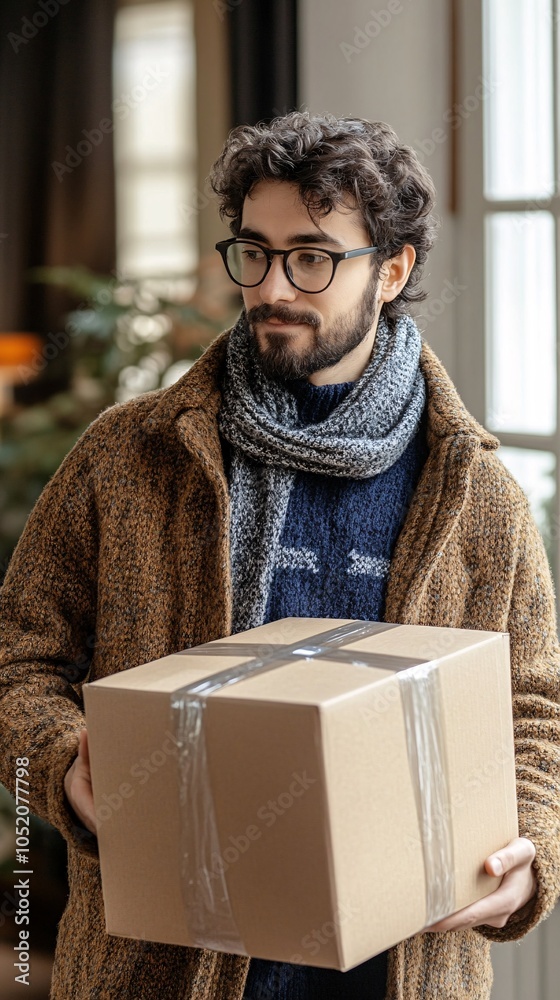 Poster bipoc man setting up electronics while organizing his new living space stock photo with side copy sp