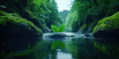 Fototapeta premium Tranquil River Scene with Green Leaves on Mossy Rock
