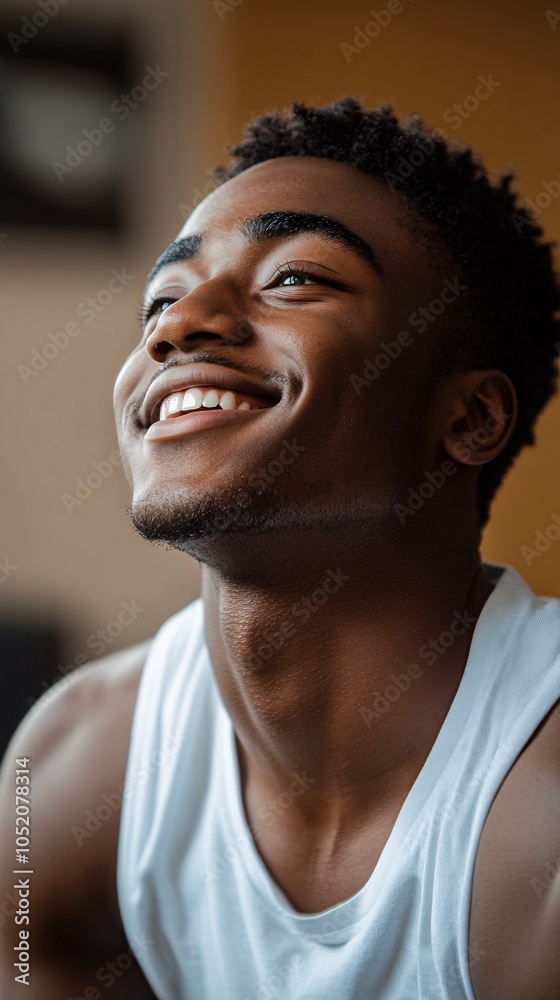 Poster BIPOC man smiling while setting up his home gym in his new space Stock Photo with side copy space