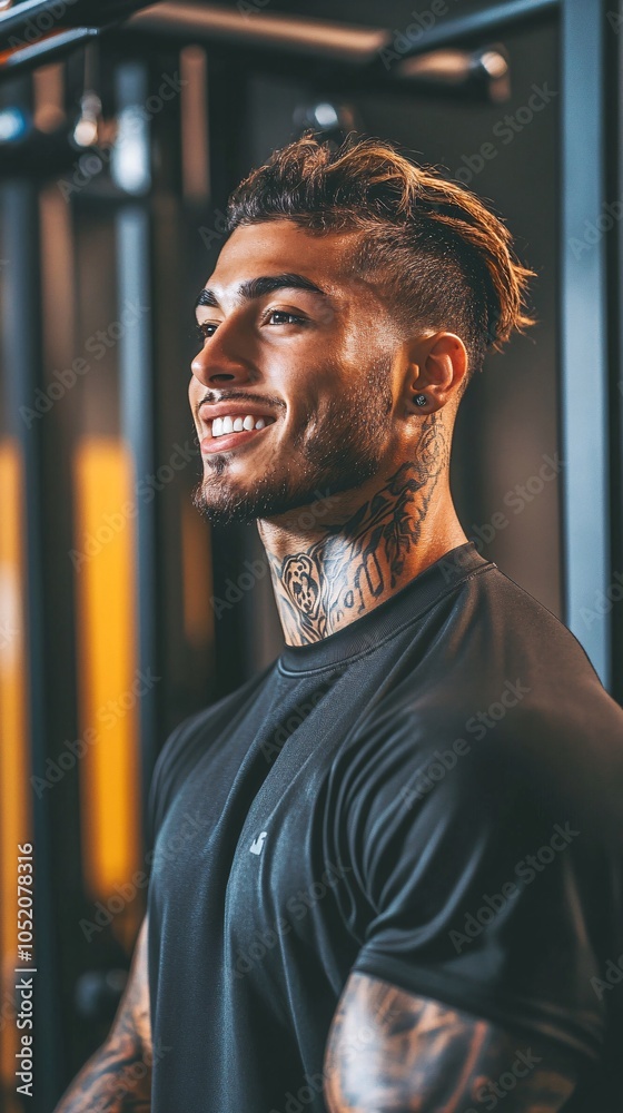 Poster bipoc man smiling while setting up his home gym in his new space stock photo with side copy space