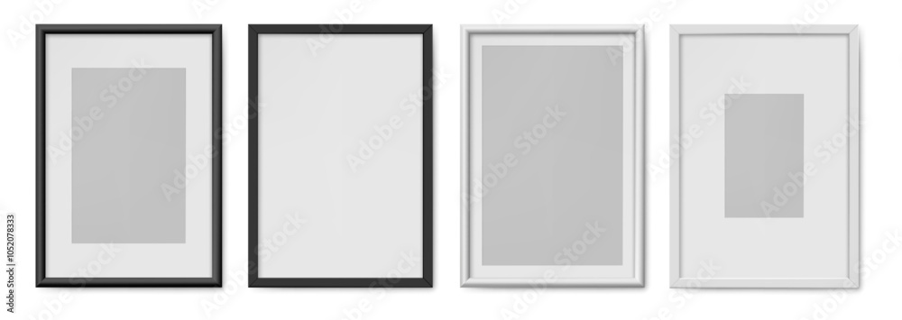 Poster Blank picture frame, realistic vertical drawing border. Vector isolated set of simple a4 format images template or mockup. Photograph or photo squares for interior design and accessories