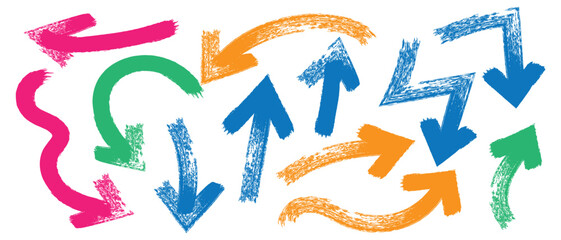 Brush, colorful crayon drawn bold arrows set. Collection of hand drawn doodle thick arrows in different directions