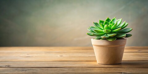 A close-up of a lush green succulent plant on a wooden desk with a minimalist background, botanicals, green background
