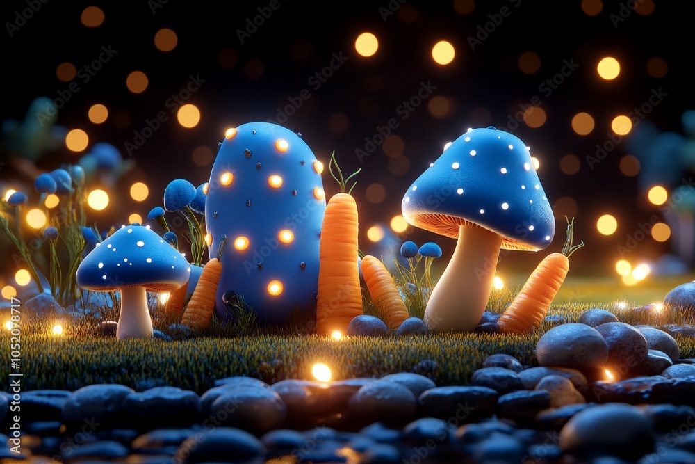 Poster a magical forest scene with glowing mushrooms and colorful carrots growing in a mystical landscape u