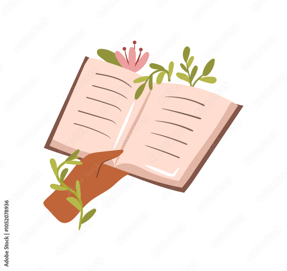 Poster opened book with herbarium or flowers in blossom. vector isolated reader with diary or journal, read