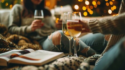 Cozy Book Club Gathering, intimate atmosphere, stacks of novels, wine glasses, warm lighting, lively discussions, fostering connection and a love for literature among friends