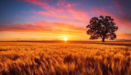 Fototapeta premium A vast golden filled of wheat swaying gently in the breeze under bright orange and pink sunset.