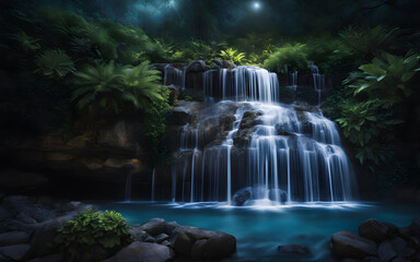 Enchanting moonlit waterfall cascading into a crystal-clear pool, surrounded by luminescent flora