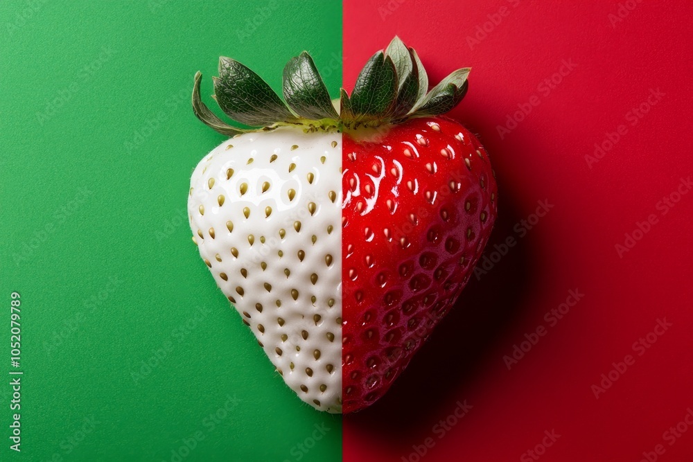 Poster a minimalist design of a single strawberry, with smooth lines and bright red and green colors captur