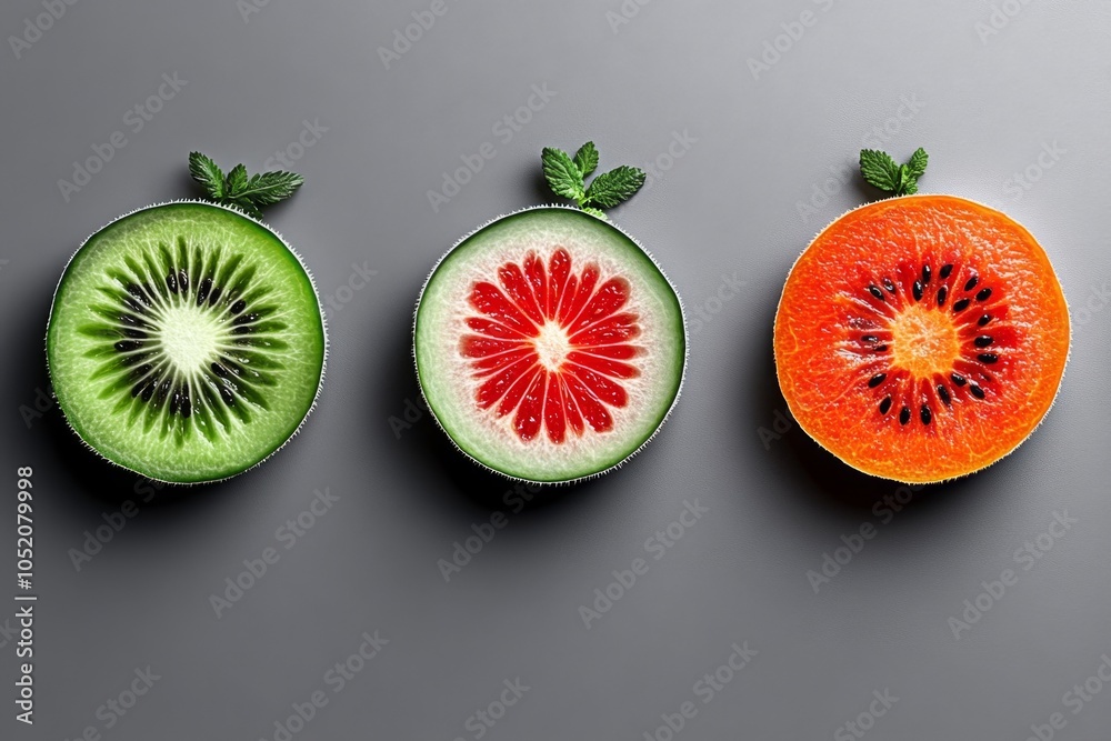 Poster a minimalist icon featuring slices of bitter melon and carrot, with clean, abstract shapes and muted