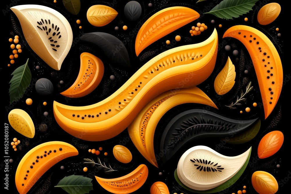 Poster a minimalist icon featuring slices of bitter melon and carrot, with clean, abstract shapes and muted
