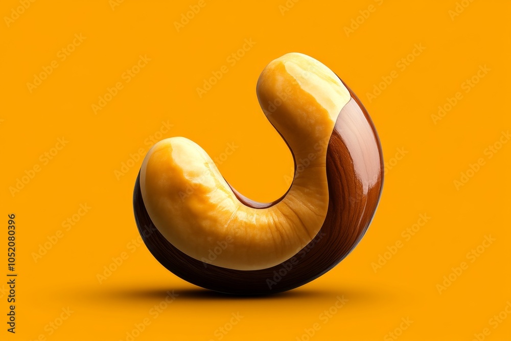 Poster a minimalist illustration of a single cashew nut, with simple, curved lines and soft tan color captu