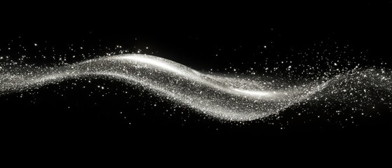 Glowing digital silver particles floating in an abstract wave pattern on a dark background, creating a sense of motion and elegance. Sparkling stars in the distance. Leave space for text.