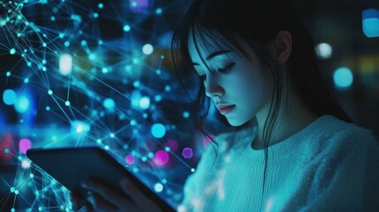 Young woman exploring digital tablet in vibrant glow