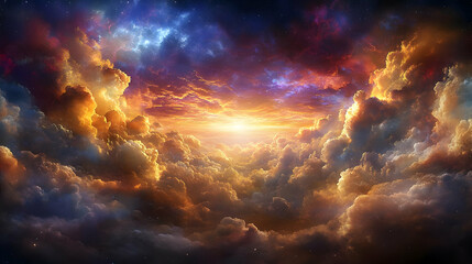 Golden Cloudscape with Stars and Sun Illustration